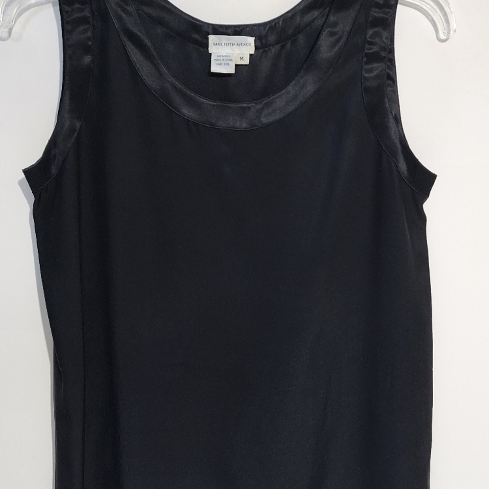 SAKS FIFTH AVENUE  Women's Black silk Sleeveless top with satin trim size M